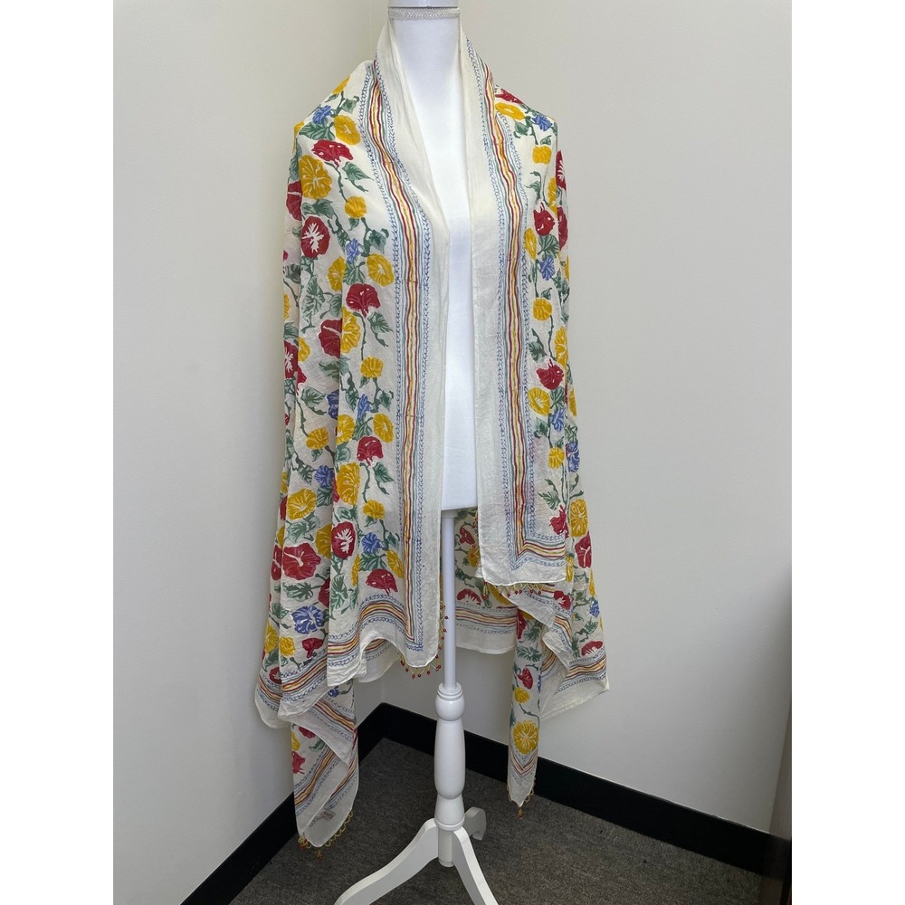 VTG Anthi Collection Greece Hand Block Printed Floral Beaded Fringe Scarf